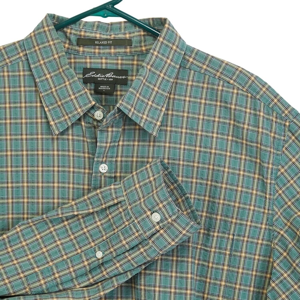 Eddie Bauer Vintage Men's Large Long sleeve Button Down Shirt Plaid Teal/Yellow
